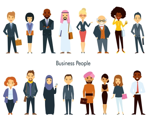 Multinational business professional characters with elements of ethnic clothes isolated vector illustration