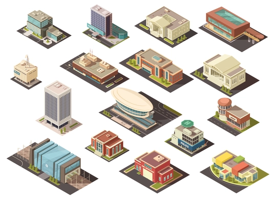 Government building isometric set with state institutions symbols isolated vector illustration