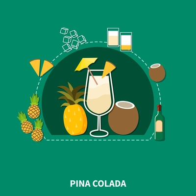 Cocktail recipe template of pina colada with ingredients in flat style isolated vector illustration