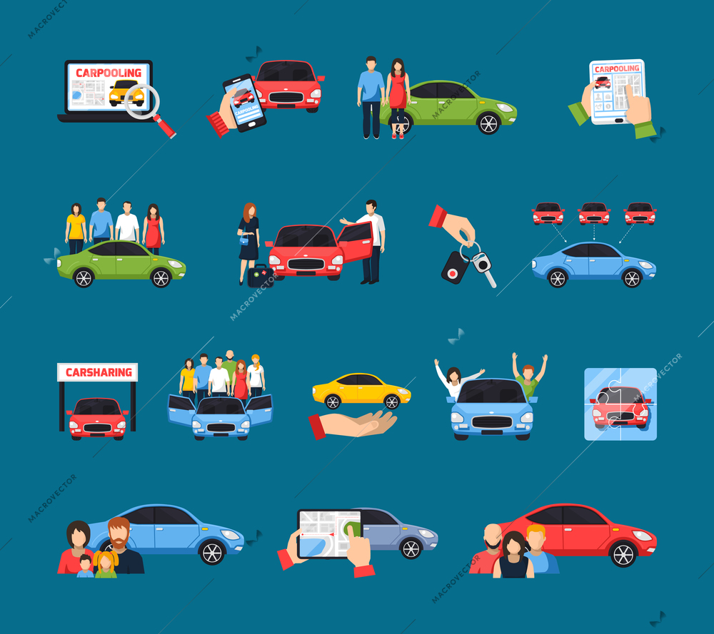 Carsharing icons set with carpooling symbols on blue background flat isolated vector illustration