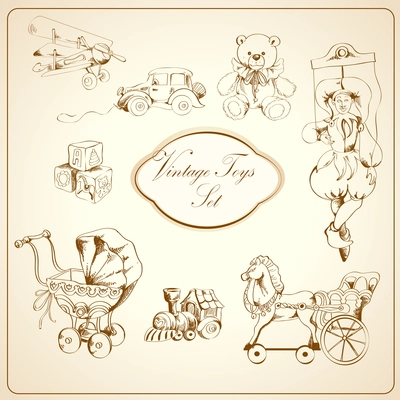 Decorative retro kids toys sketch icons set of airplane car teddy bear puppet isolated vector illustration