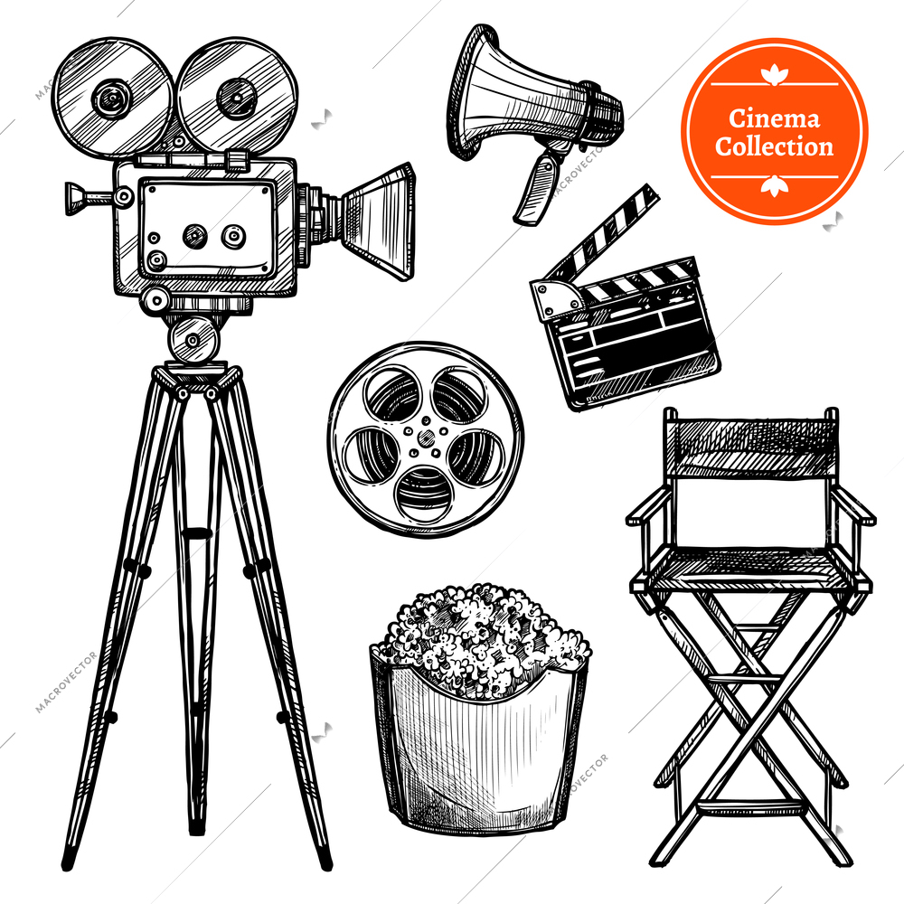 Cinema and making films hand drawn vintage set with clapper reel camera chair loudspeaker and popcorn isolated on white background sketch vector illustration