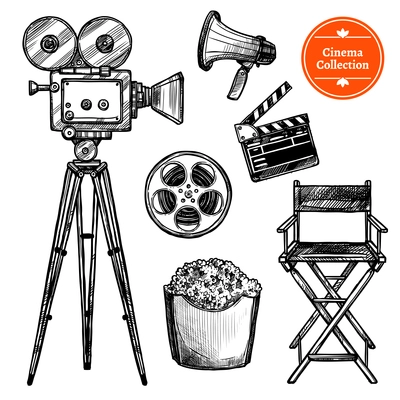 Cinema and making films hand drawn vintage set with clapper reel camera chair loudspeaker and popcorn isolated on white background sketch vector illustration