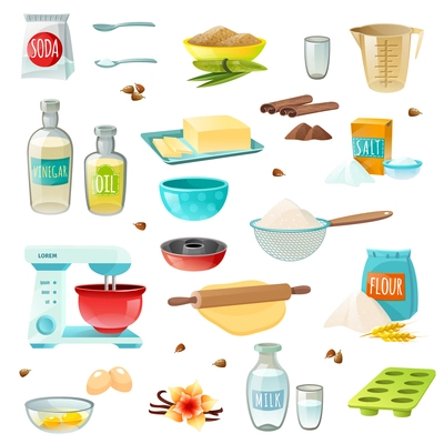 Baking ingredients colored isolated icons set with flour sugar salt butter eggs milk cinnamon vanilla vector illustration