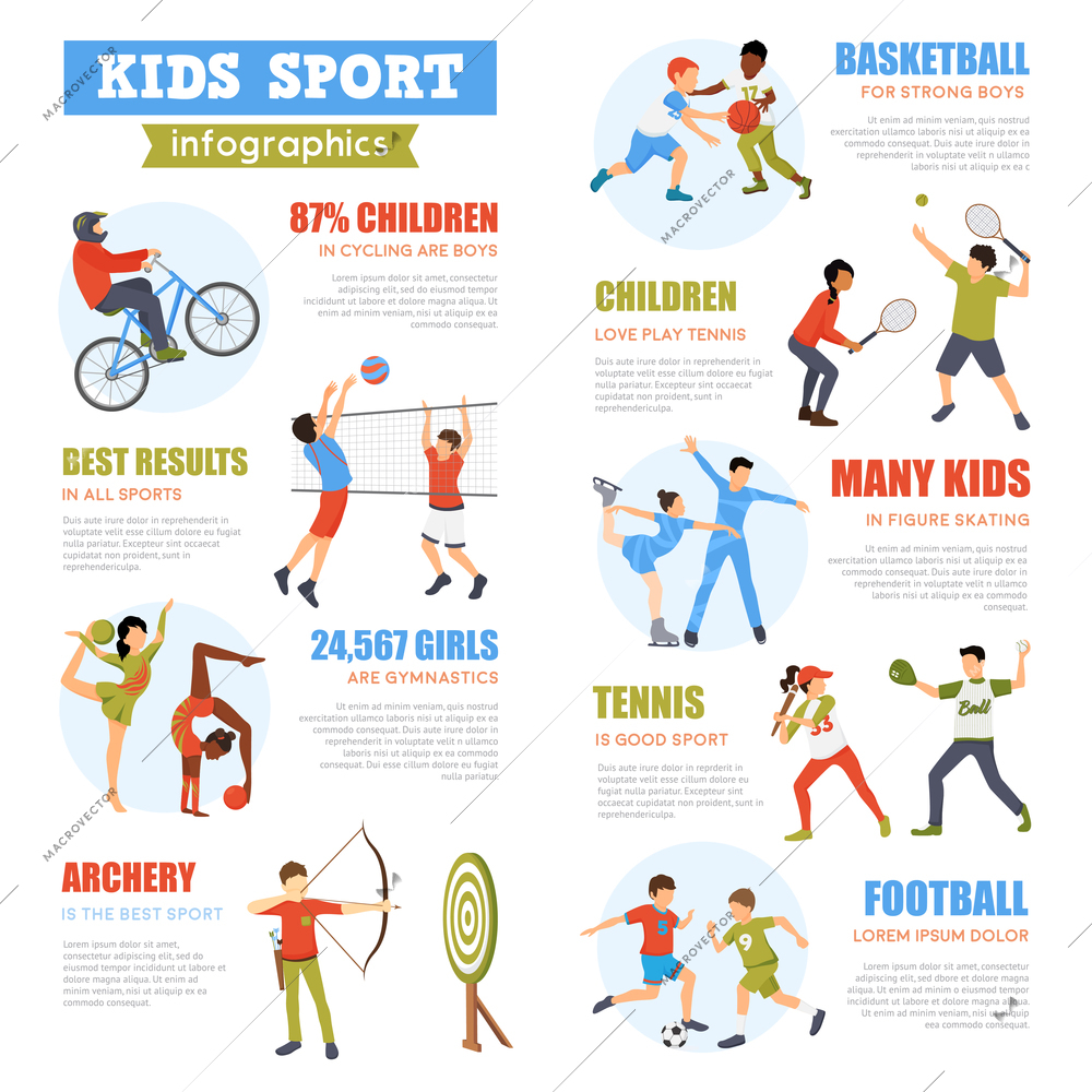 Kids sport infographics set with training children involving in various games and activities vector illustration