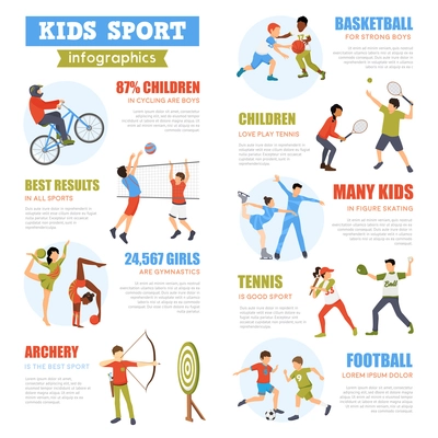 Kids sport infographics set with training children involving in various games and activities vector illustration