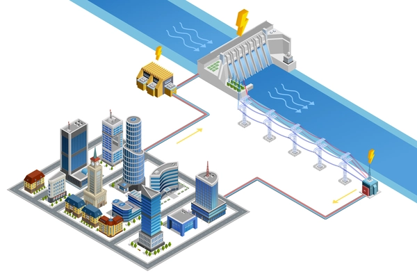 Scheme of modern city energy supply by hydroelectric station with dam generator and transformer isometric poster vector illustration