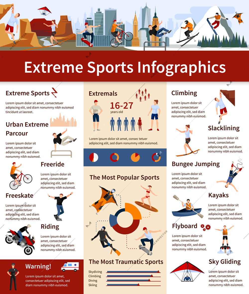 Flat design infographics presenting information about popular and most traumatic extreme sports vector illustration