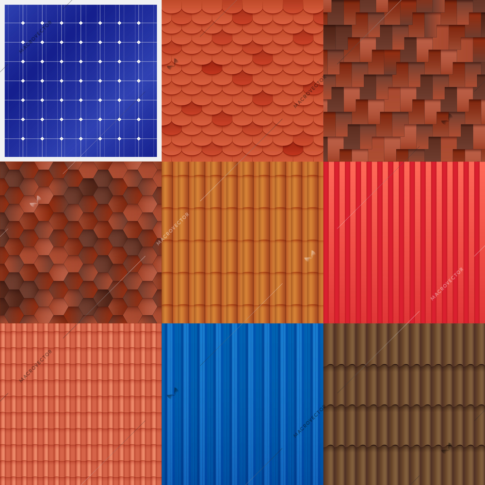 House roof tile set with different construction material structure and texture of covering vector illustration