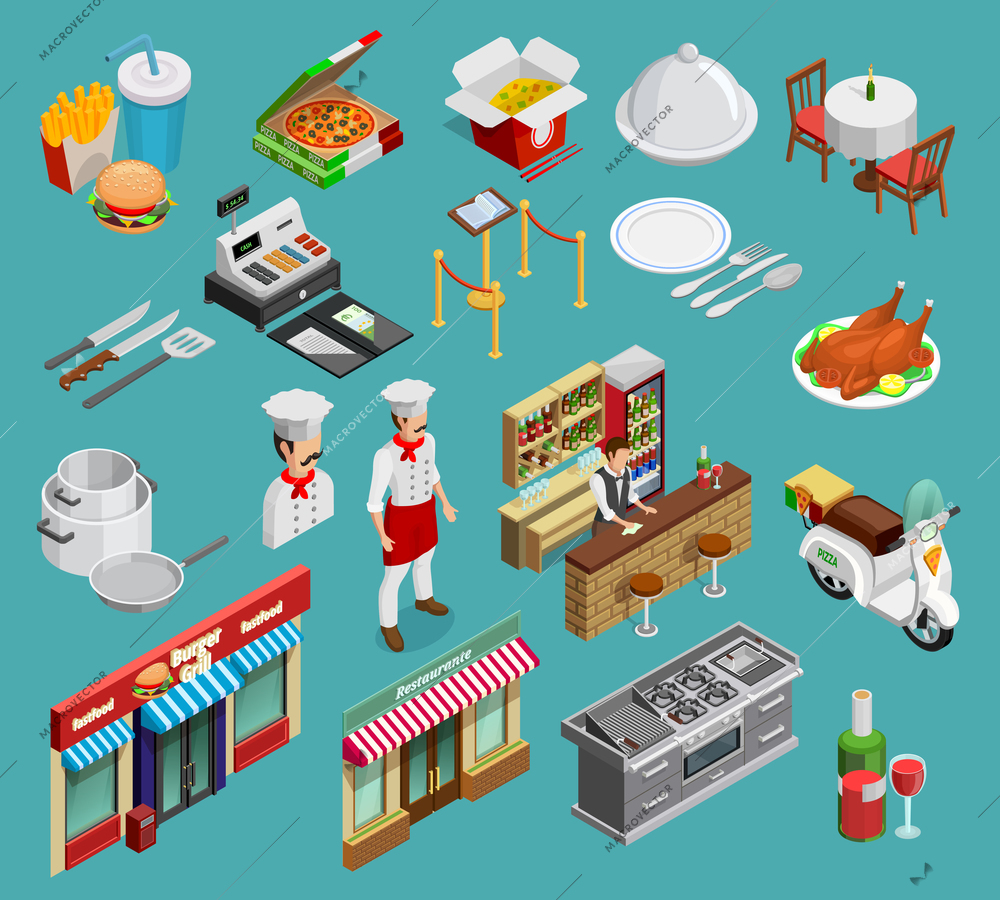 Restaurant isometric icons set with food and cooking symbols on blue background isolated vector illustration