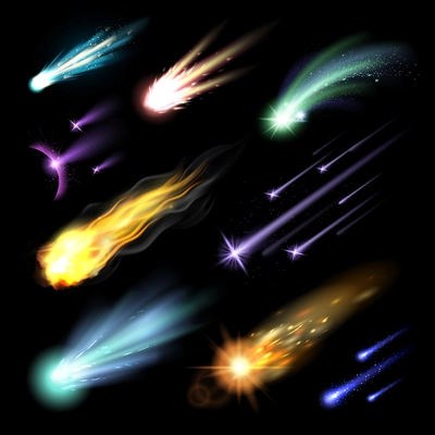 Light effects set with colorful meteors fireballs and comets isolated on black background vector illustration