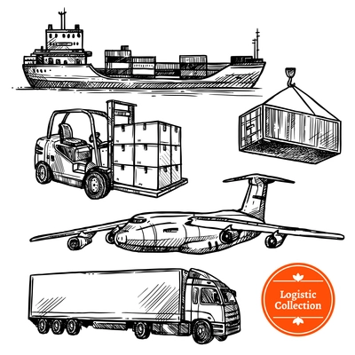 Hand drawn sketch logistics transportation set with cargo ship trailer plane isolated on white background vector illustration