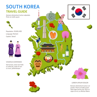 South korea travel guide for tourists flat infographic poster with country map landmarks and cultural symbols vector illustration