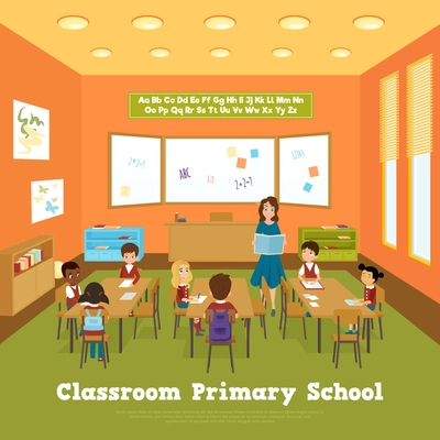 Primary school classroom template with pupils and teacher in flat style vector illustration