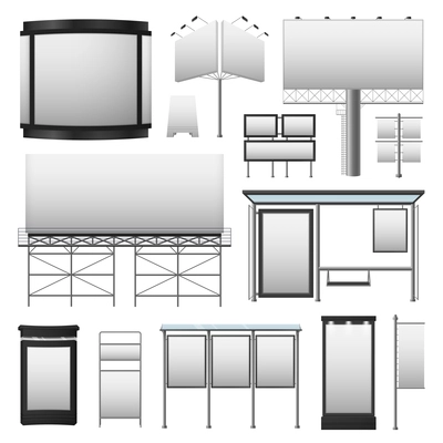 Outdoor advertisement set with blank billboards displays of different sizes in gray colors isolated vector illustration