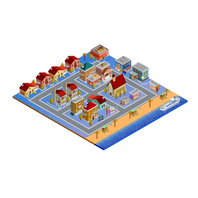 Isometric building set with church cottages and stores near beach and yacht in sea vector illustration