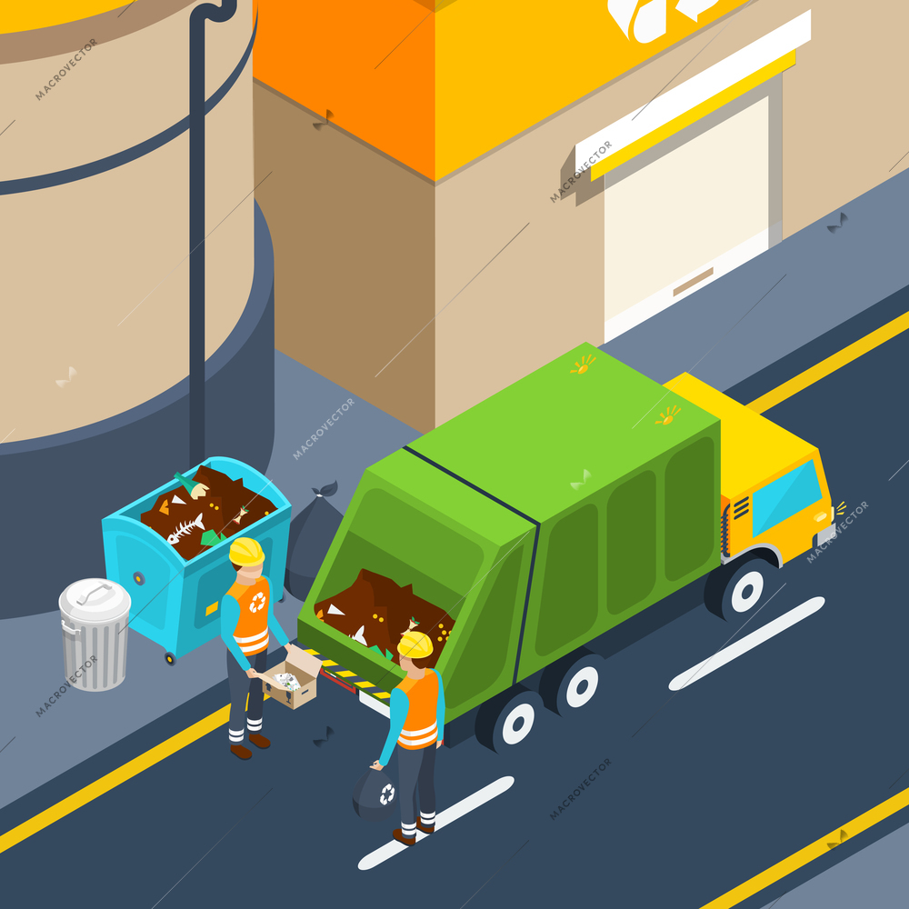 Scene of garbage collectors at work with waste container and special truck near factory isometric poster vector illustration