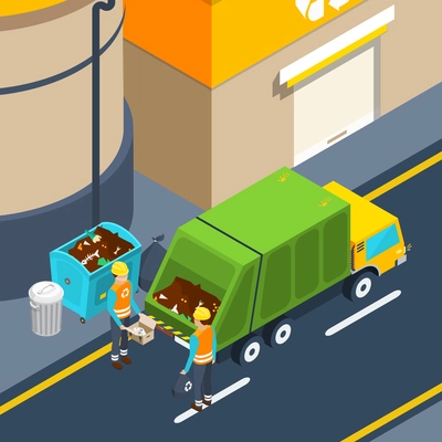 Scene of garbage collectors at work with waste container and special truck near factory isometric poster vector illustration