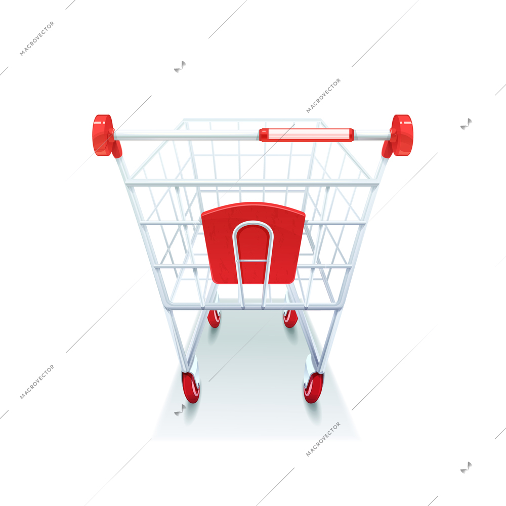 Supermarket grocery coated wire shopping pushcart with red plastic handle realistic image white background icon vector illustration