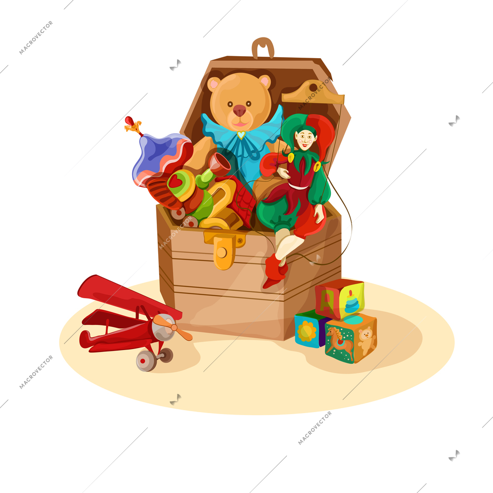 Wooden box or chest with retro toys of airplane blocks puppet teddy bear poster vector illustration