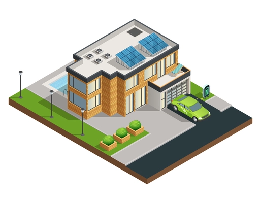 Big modern green eco house with solar panels on roof beautiful tidy yard garage and swimming pool isometric vector illustration