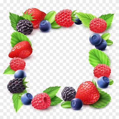 Berry frame with strawberry raspberry and blackberry transparent realistic vector illustration