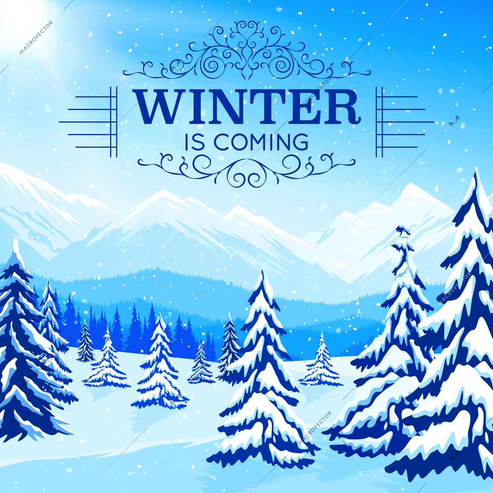 Winter landscape poster with snowbound trees and mountains in flat style vector illustration