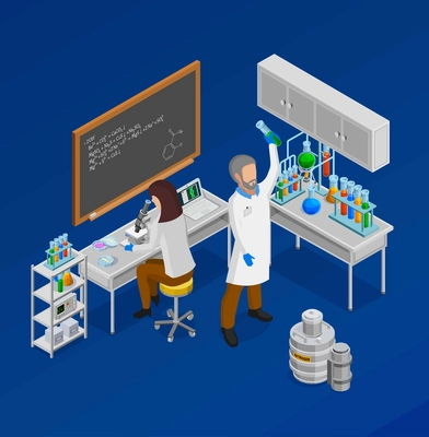 Scientist  isometric concept composition with experiment symbols on blue background vector illustration