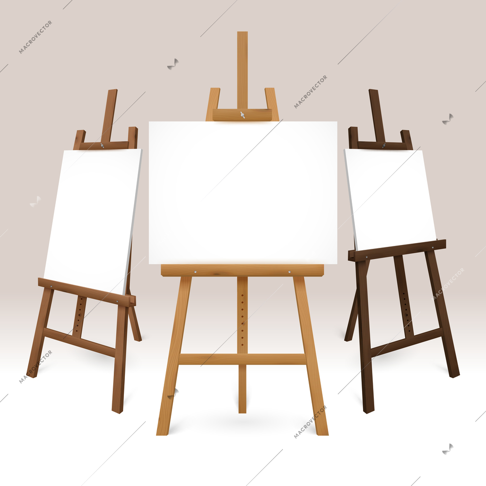Wooden easel set with blank white canvases represented from different sides isolated vector illustration