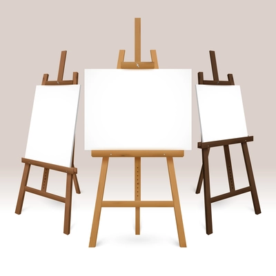 Wooden easel set with blank white canvases represented from different sides isolated vector illustration