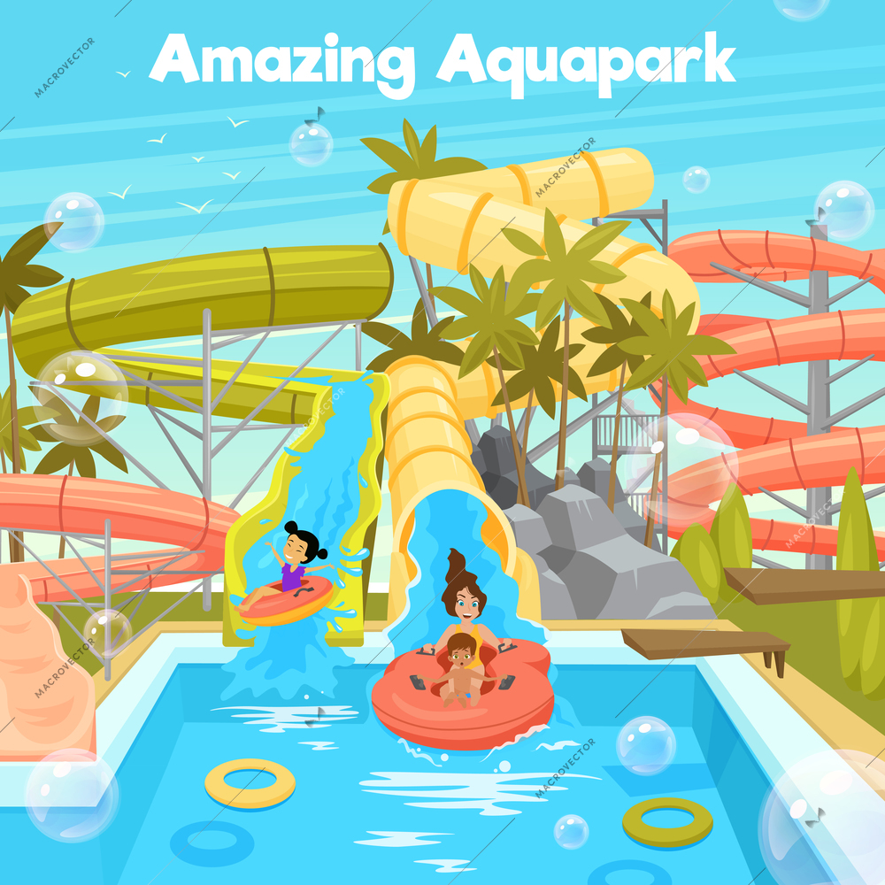 Aquapark poster template with water pool slides pipes cheerful family and children in flat style vector illustration
