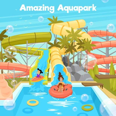 Aquapark poster template with water pool slides pipes cheerful family and children in flat style vector illustration