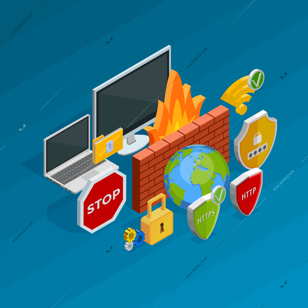 Internet security isometric concept with antivirus and hacking activity symbols vector illustration