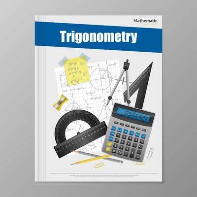 Trigonometry flyer template with copybook rulers calculator pencils rubber and compass vector illustration