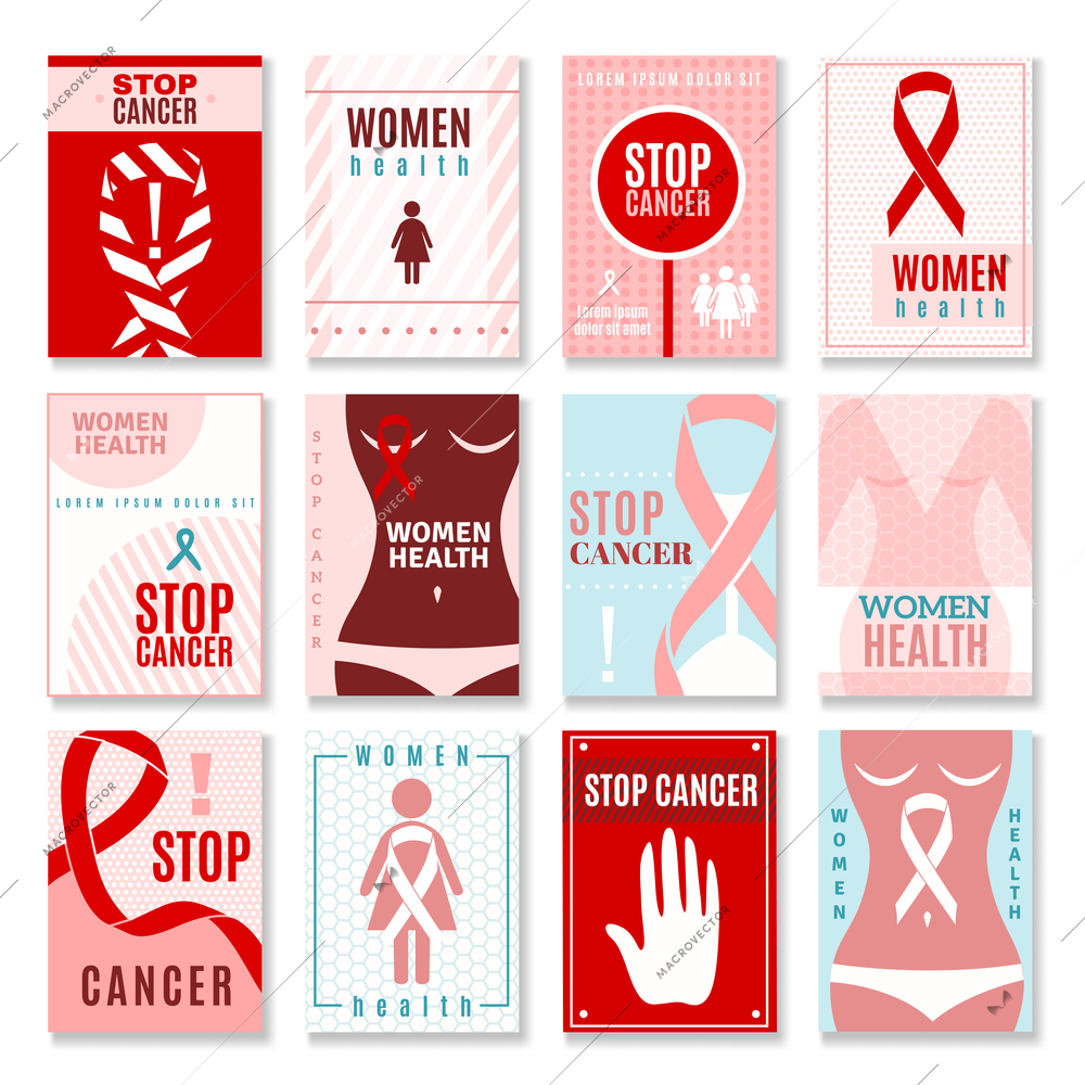 Stop breast cancer banners with female body and symbol ribbon flat isolated vector illustration