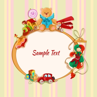 Vintage baby toys sketch frame postcard with peg top train lollypop teddy bear vector illustration