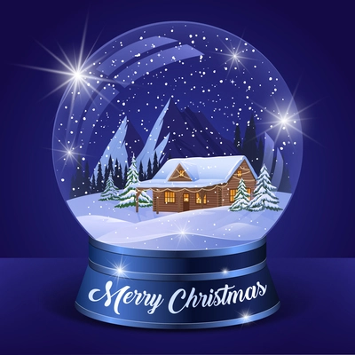 Christmas winter landscape globe with snow house forest mountains and stars inside isolated vector illustration