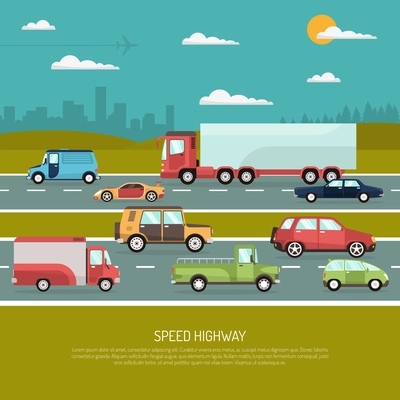 Speed highway design concept with view side of different types of passenger cars and trucks flat vector illustration