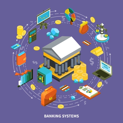 Banking financial icons isometric round composition with arrows wallet computer credit card coins gold money flow symbols signs vector illustration