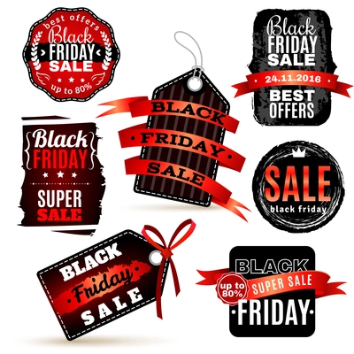 Black fridays labels set for special offers promotions discounts and advertisements isolated vector illustration