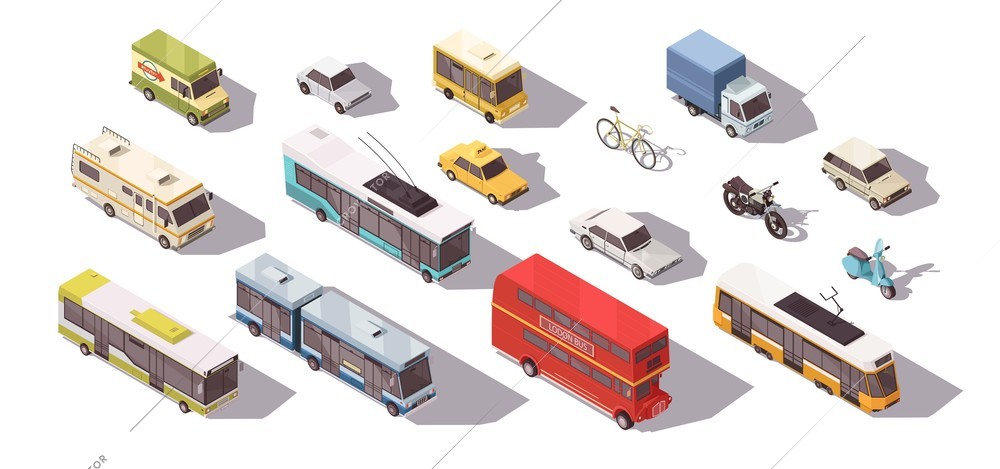 Transport isometric set with bus car and bicycle isolated vector illustration