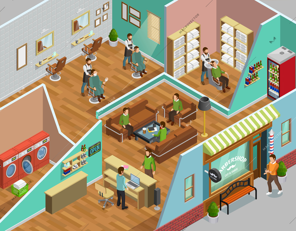 Barbershop interior with head washing laundry and reception symbols isometric vector illustration