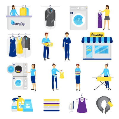 Laundry service set with dry cleaning symbols flat isolated vector illustration