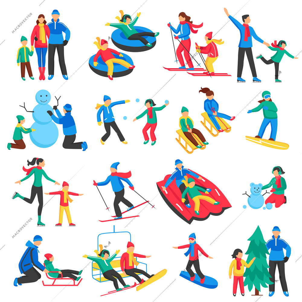 Family winter sports icons set with adults and  children skiing skating making snowman flat isolated vector illustration