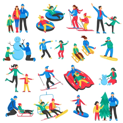 Family winter sports icons set with adults and  children skiing skating making snowman flat isolated vector illustration