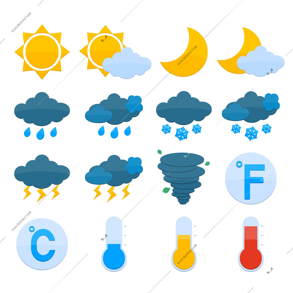 Weather forecast symbols color icons set of sun cloud rain snow isolated vector illustration