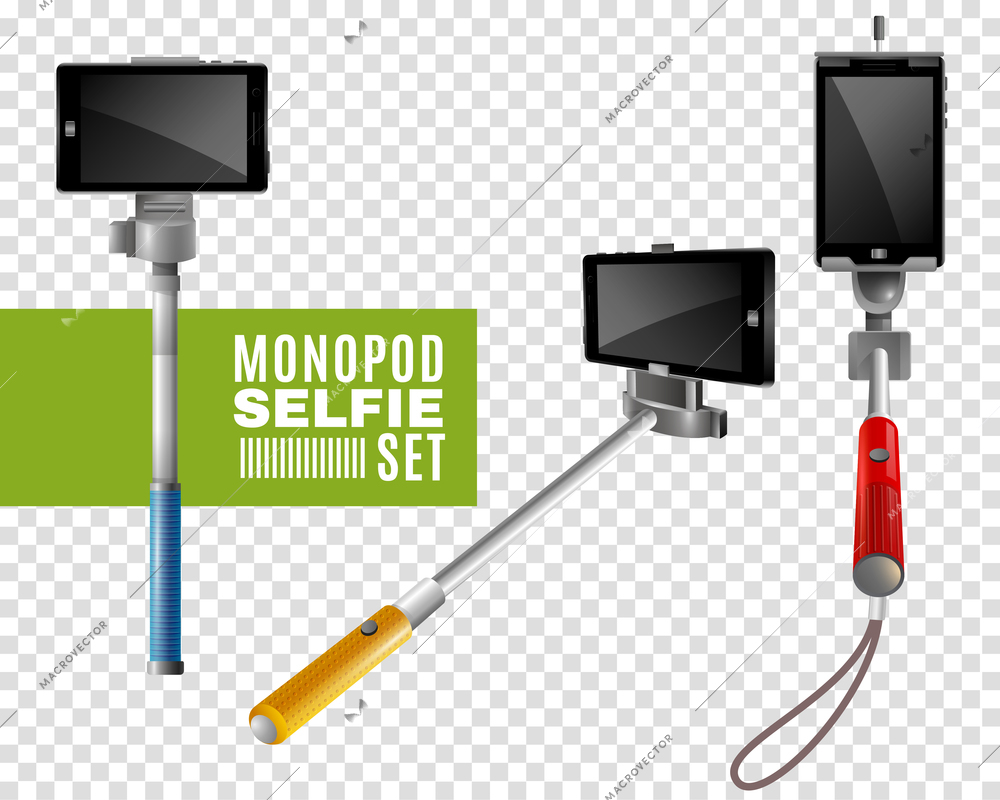 Colorful monopods with phones for selfie set isolated on transparent background realistic vector illustration