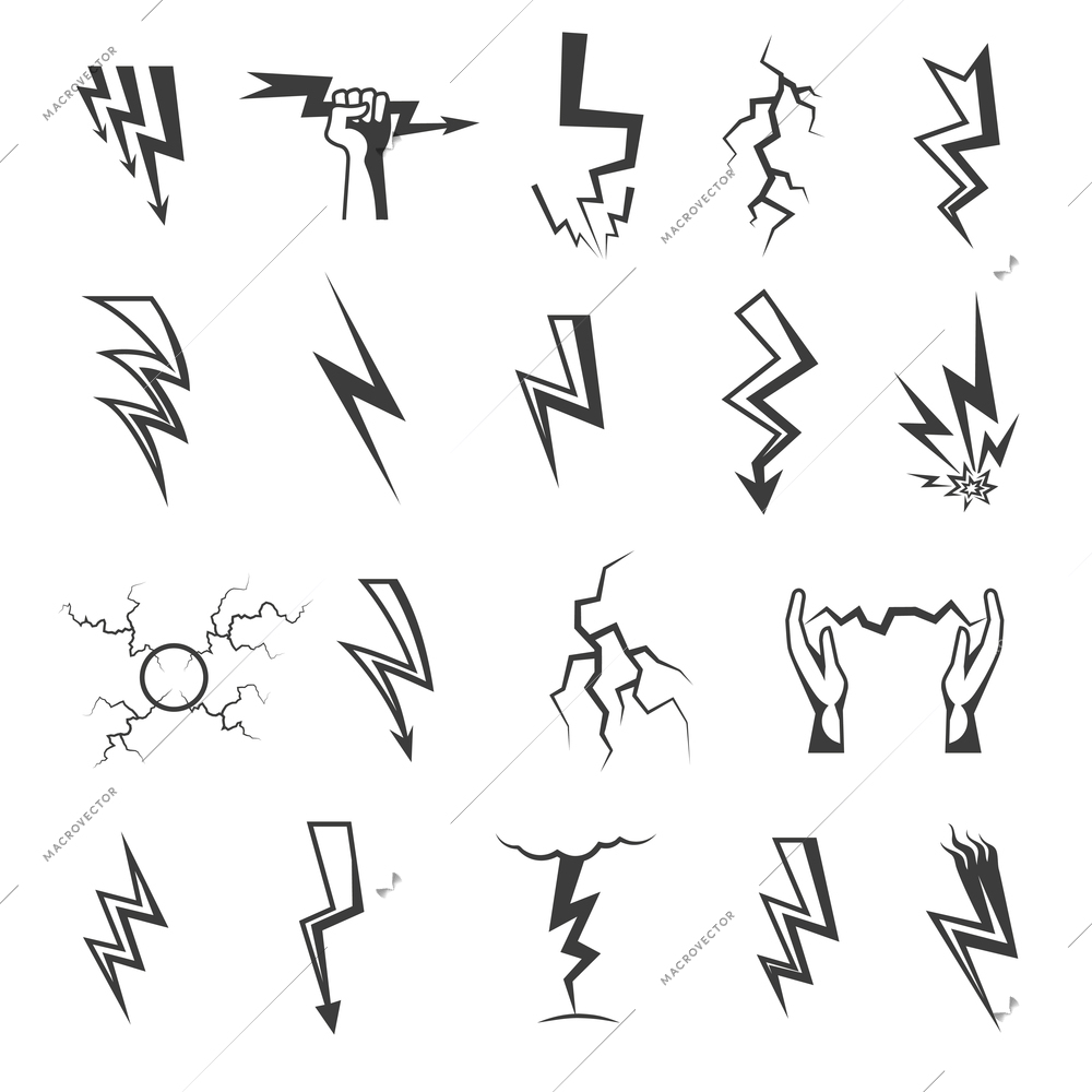 Different lightning strikes monochrome icons set isolated on white background doodle vector illustration