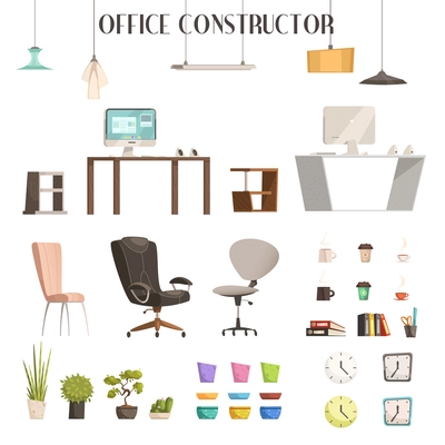 Modern interior furniture and accessories cartoon style icons for trendy office renovation and construction isolated vector illustration