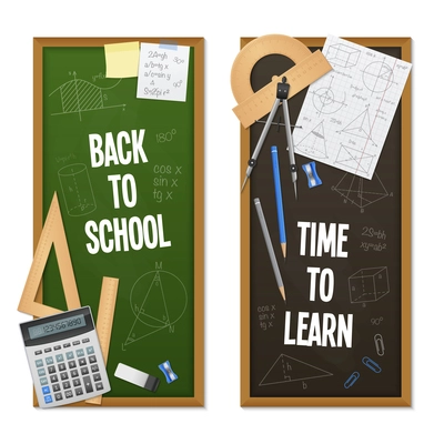 Mathematic science vertical banners look like chalkboards with title drawing solutions and calculation equipment and stationery vector illustration